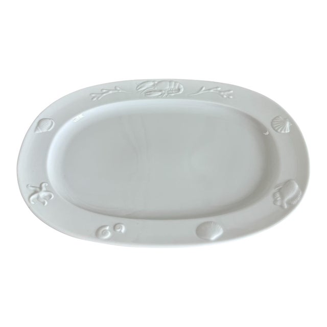 Vintage Apilco France Porcelain Lobster Seashell Motifs White Serving Platter For Sale