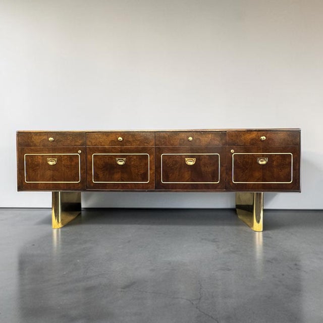 Campaign 1970s Romweber Burl Elm Wood and Gold Trim Executive Desk and Credenza Set For Sale - Image 3 of 18