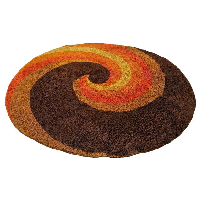 Large Mid-Century Modern Op Art Round Rya Rug attributed to Reichel, West Germany, 1970s For Sale