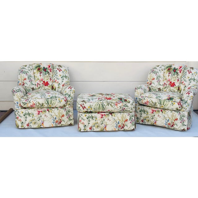 1950s George Smith Attr. Floral Swivel 2 Armchairs and Ottoman For Sale - Image 5 of 11