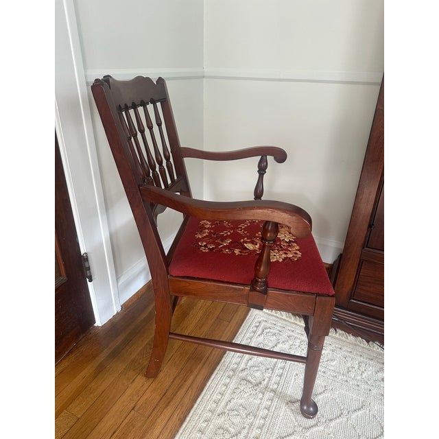 Art Deco Vintage 1970s Pennsylvania House Solid Cherry Queen Anne Armchair With Custom Floral Needlepoint Seat For Sale - Image 3 of 9