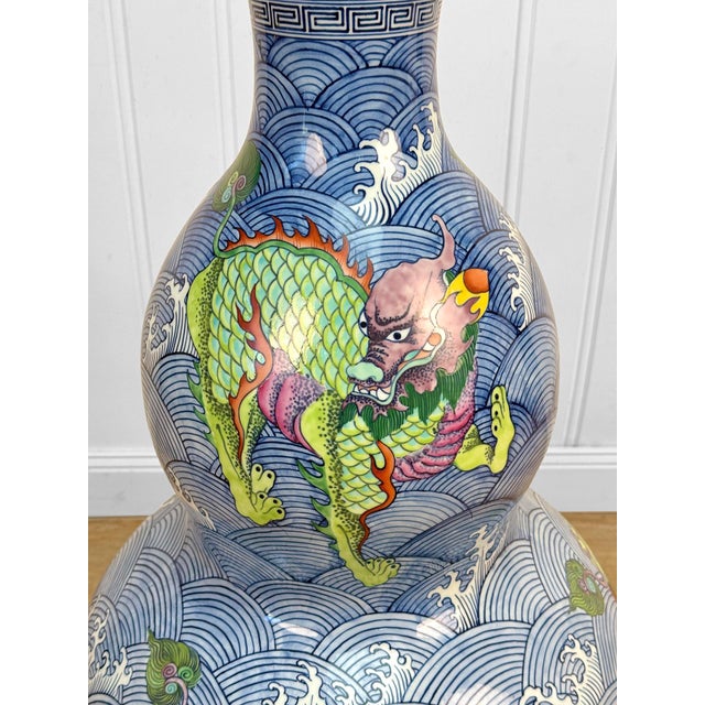 Blue Vintage 29" Chinese Kangxi Qing Porcelain Dragon Double-Gourd Floor Vase For Sale - Image 8 of 11