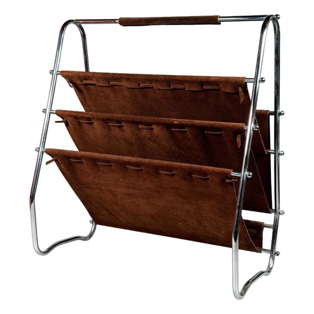 Mid-Century Magazine Stand in Metal and Leather, 1960s-1970s For Sale