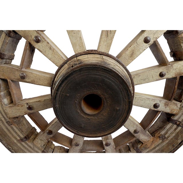 Farmhouse Antique Rustic Farmhouse Ox Cart Wheel on Stand For Sale - Image 3 of 7