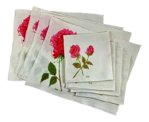 Mid-Century Vera Linen Rose Placemat & Napkin Set for Four, 1950s