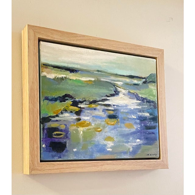 Original mixed media painting on canvas. Framed in an oak wood frame. An abstract seascape in ocean blues and whites,...