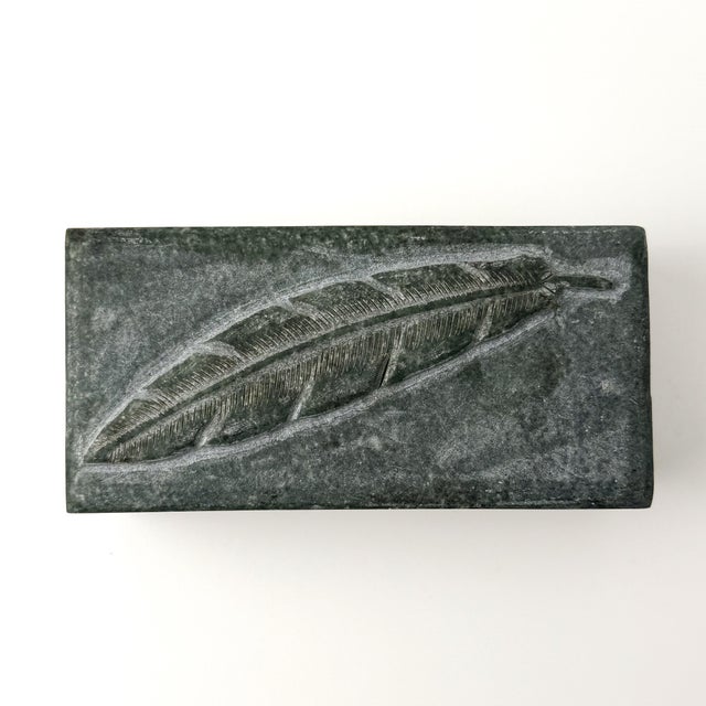 Mid 20th Century Vintage Hand-Carved Green Soapstone Feather Lidded Box For Sale - Image 5 of 10