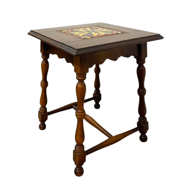 1970s Vintage Tile Top Side Table With Turned Legs and Wood Frame For Sale - Image 5 of 11