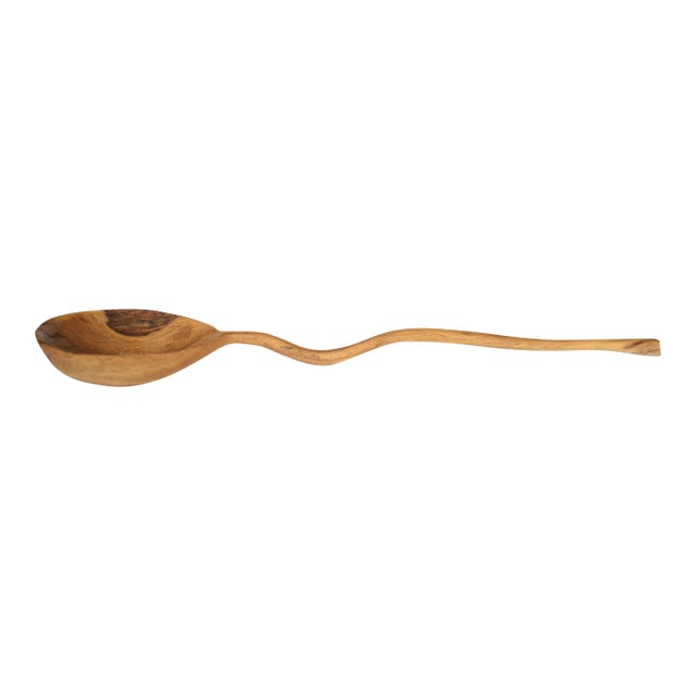 Vintage Hand Carved Wavy Curve Irregular Handle Large Spoon Ladle For Sale