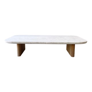 Victoria Teak Coffee Table With Travertine Top by Harbour For Sale