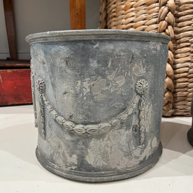 Antique English Pair of Lead Antique Planters W/Amphorae & Garland Relief For Sale - Image 4 of 9