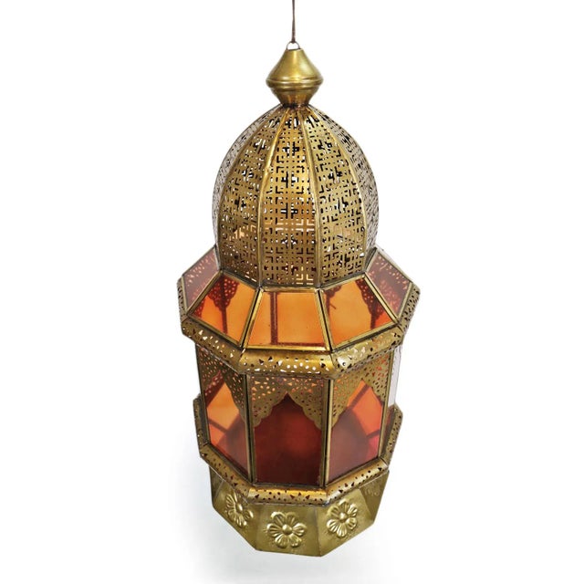 Cororful vintage Moorish hand cut brass and orange sprayed glass lantern. Traditional design with detailed cut brass work...