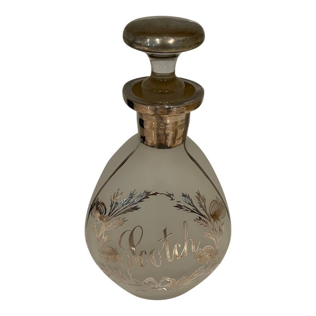 Vintage Frosted Glass Decanter With Sterling Silver Overlay For Sale
