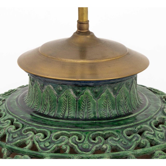 Chinese Spinach Jade Green Glazed Ceramic Pierced Vase Mounted as a Table Lamp For Sale - Image 4 of 9