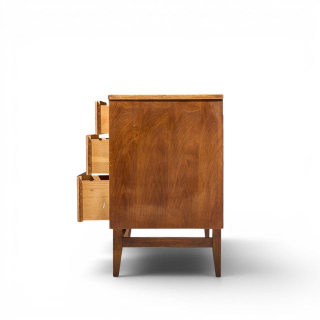Mid 20th Century Broyhill Brasilia Mid Century Walnut and Brass 9-Drawer Lowboy Dresser For Sale - Image 5 of 9