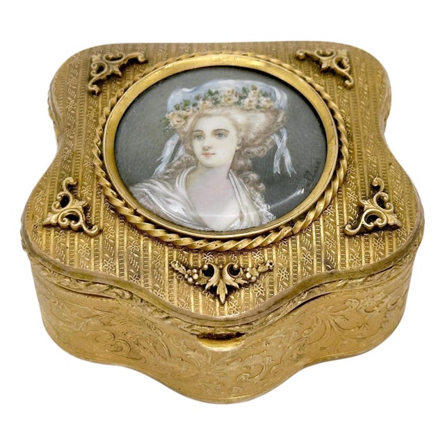 French Ormolu Cartouche Box With Miniature Portrait of Princess De Lamballe, Signed, Paris, Circa 1900 For Sale