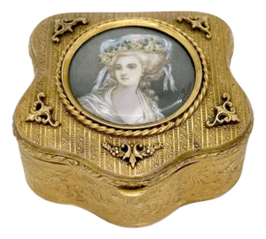 French Ormolu Cartouche Box With Miniature Portrait of Princess De Lamballe, Signed, Paris, Circa 1900