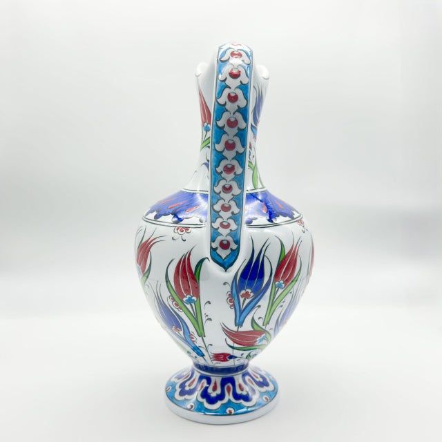 Red Handmade Ceramic Footed Pitcher Vase (30cm) – Classic Red Tulip Pattern – Timeless Ottoman Art Decor For Sale - Image 8 of 11