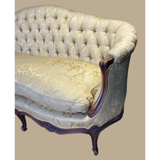 Vintage French Button Back Tufted Sofa With Gold Damask Fabric For Sale - Image 14 of 17