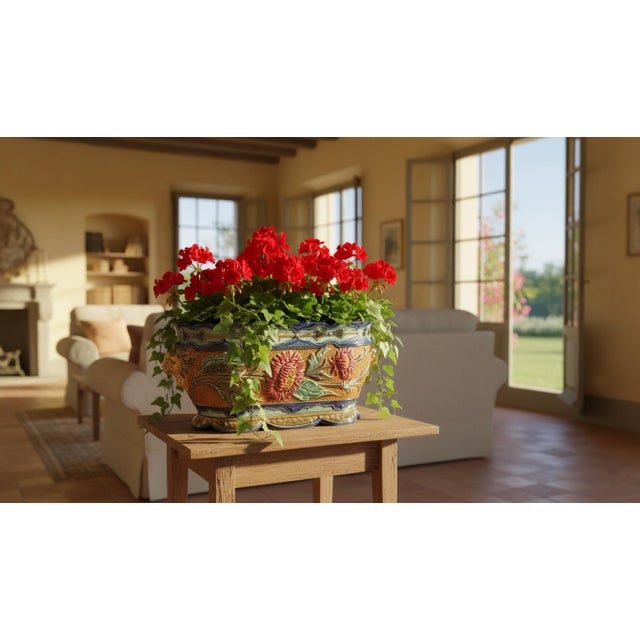 A gorgeous antique Belgian Wasmuel majolica barbotine sunflower cachepot / jardiniere / planter, circa 1880. Maker's mark...