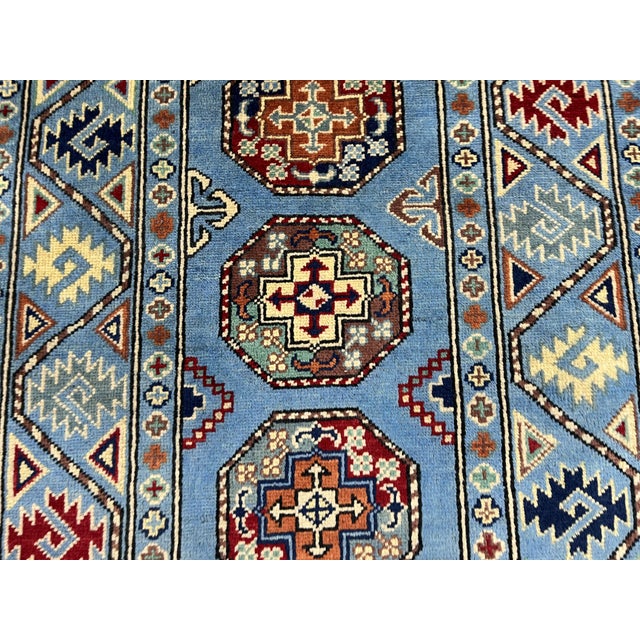 Blue and Burgundy Bokhara Wool Runner Rug With Tribal Gul Motifs, 2'11" X 9'7" For Sale - Image 6 of 17