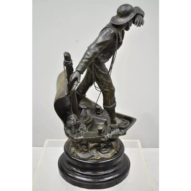 Antique French Spelter Metal Sailor Watchman on Ship Wooden Base, Made in France For Sale - Image 12 of 12