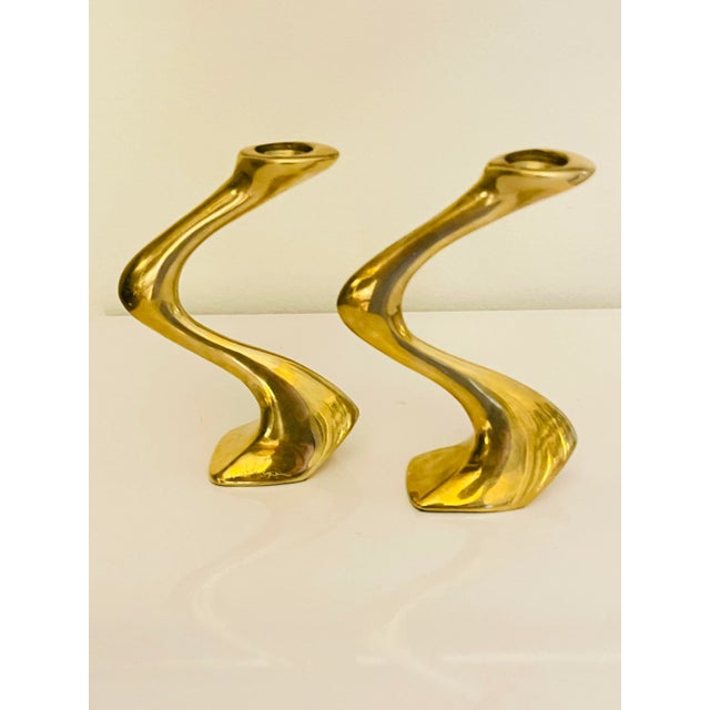 Postmodern Post Modern Studio Made Brass Squiggle Candle Holders - a Pair For Sale - Image 3 of 6