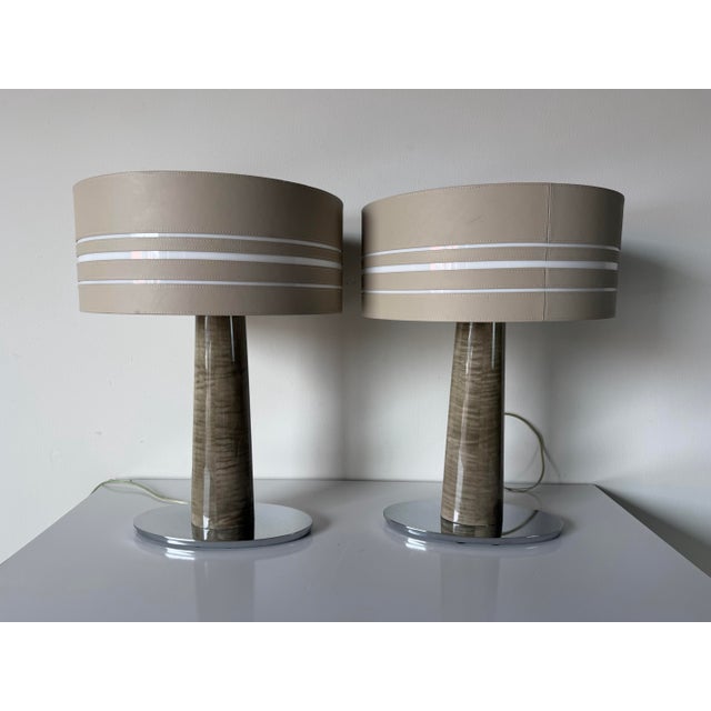 Bentley Home “Morpeth” Italian Luxury Leather & Burl Wood Table Lamps - A Pair For Sale - Image 4 of 12