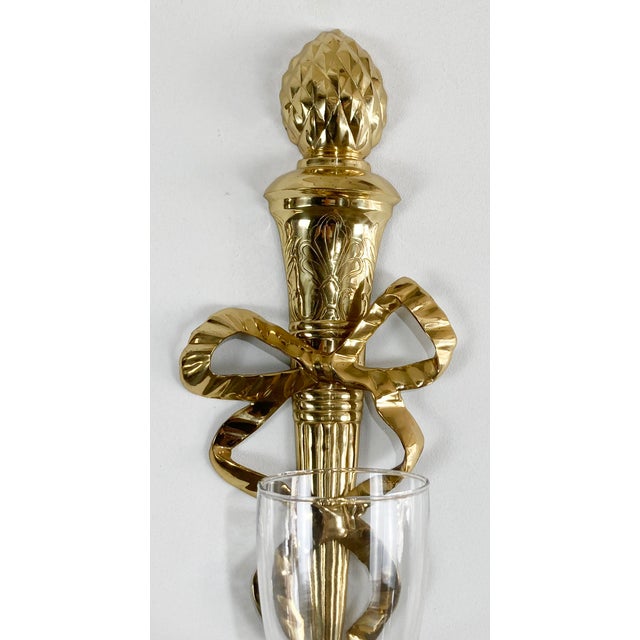 Large Vintage Brass Ribbon Torch Wall Candle Sconces, a Pair For Sale In Kansas City - Image 6 of 7