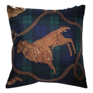 Ralph Lauren Golden Retriever Dog Black Watch Tartan Plaid Vintage Silk Scarf Pillow For Sale