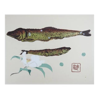Mid 20th Century Japanese Mingei Folk Art Stencil Lizardfish Print For Sale