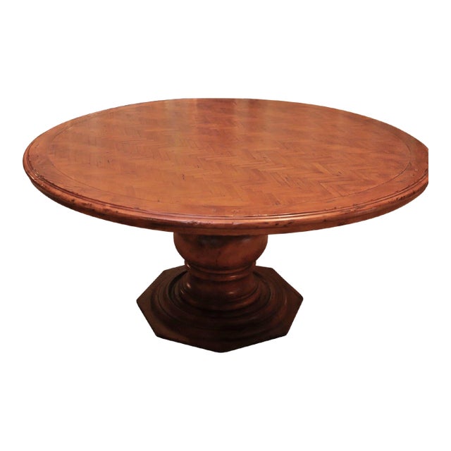 Vintage Guy Chaddock Style Round Herringbone Parquetry Dining Table For Sale