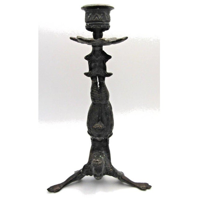 Baroque Matched Pair of Vintage Boho Patinated Bronze Acrobat Candle Holders For Sale - Image 3 of 16