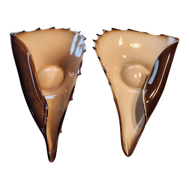 Pair of Mid 20th Century Alfredo Barbini 17" Lattino Contribute (Cased) Shell Brown & Cream Bowls For Sale