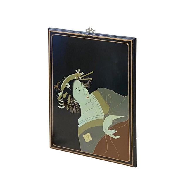 Asian Vintage Wood Asian Japanese Lady Lacquer Wall Painting Art For Sale - Image 3 of 7