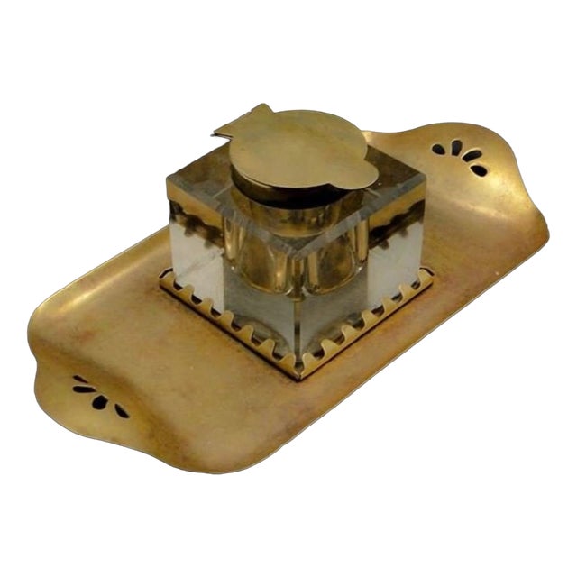 Early 20th Century Art Nouveau Brass & Crystal Inkwell, Austro-Hungary, Set of 2 For Sale
