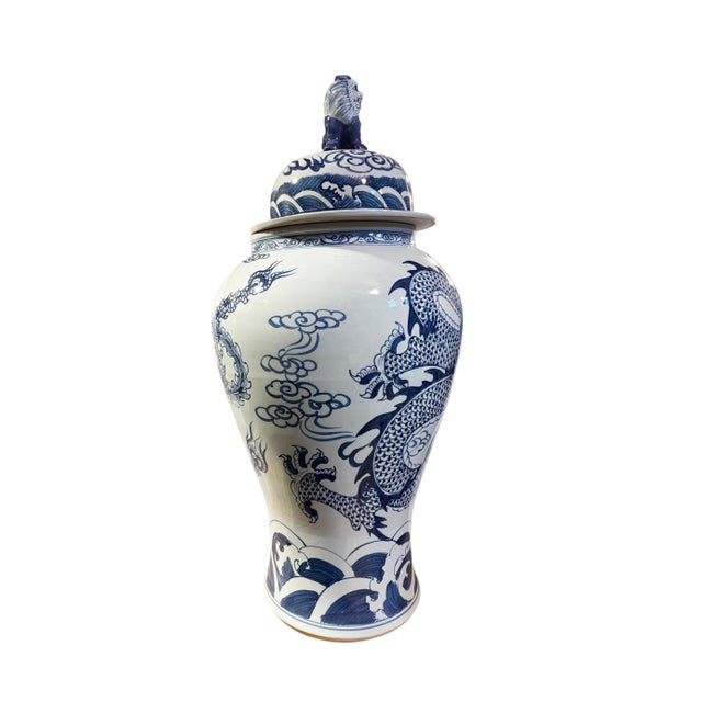 Vintage Large Chinoiserie Blue& White Porcelain Ginger Jar Dragon & Phoenix 36" H For Sale - Image 4 of 11