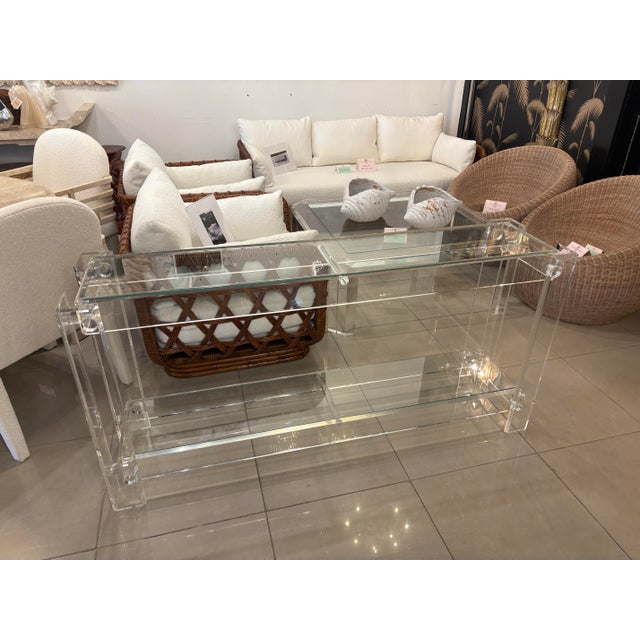 Vintage Modern Peg Lucite Console Table Two Tier New Glass Tops For Sale - Image 10 of 12