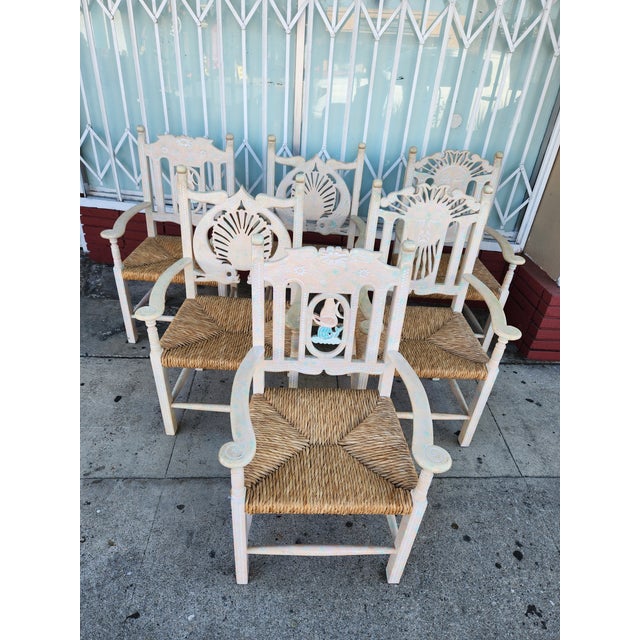 Set of 6 Vintage Carved Nautical and Celestial Armchairs With Rush Seats For Sale - Image 4 of 10