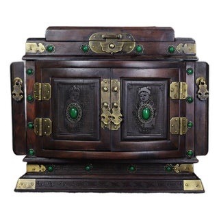 1970s Wood Jewelry Box With Dragon & Phoenix Carving and Gemstone Inlay For Sale