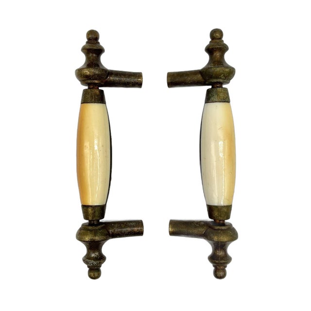 Cream 5" Patinaed Brass & Porcelain Drawer Pull Handle W/ Steeple Tips , Set of 29 For Sale - Image 8 of 11