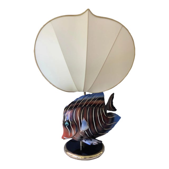 1970s Ceramic Fish Table Lamp With Linen Scallop Shade For Sale