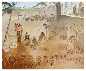 Régine Van Den Broek, Balinese Pottery Market, 1930s, Oil on Canvas, Framed