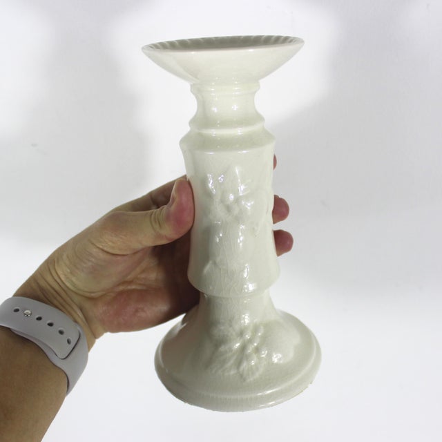 Farmhouse Antique Royal Worcester Crown Ware England Porcelain White Raised Fruit Beaded Rim Candlesticks, a Pair For Sale - Image 3 of 11