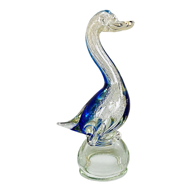 Vintage Blue & Clear Art Glass Swan Sculpture With Controlled Bubble Inclusions For Sale