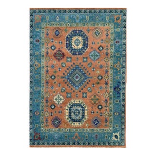 9x12 Ava Kazak Coral Traditional Geometric Hand Knotted Wool Carpet Rug For Sale