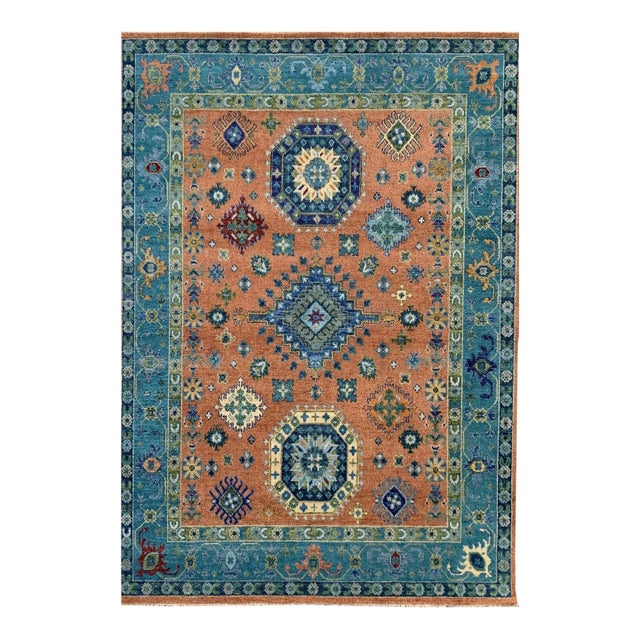 9x12 Ava Kazak Coral Traditional Geometric Hand Knotted Wool Carpet Rug For Sale