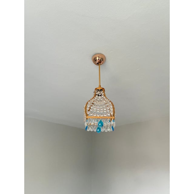 Vintage French Empire Brass & Crystal Pendant Light With Aqua Blue Drops - Pair Restored For Sale - Image 11 of 18