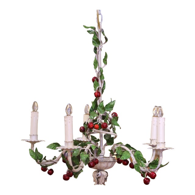 Early 20th Century French Tole Chandelier With Painted Metal Cherries and Leaves For Sale