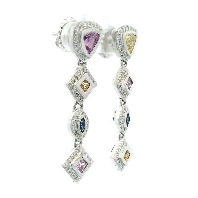 Antique White Italian 18k White Gold Multicolor Sapphire and Diamond Drop Earrings, Pair For Sale - Image 8 of 10
